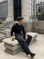 Heritage Waffle Henley | Black henley shirt, detail view 2