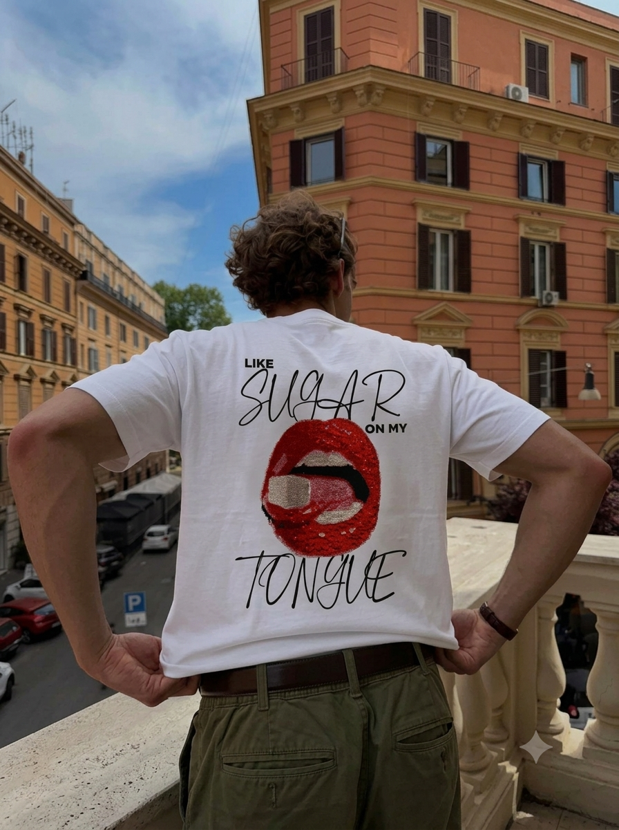 LIKE SUGAR ON MY TONGUE oversized T-shirt, front view