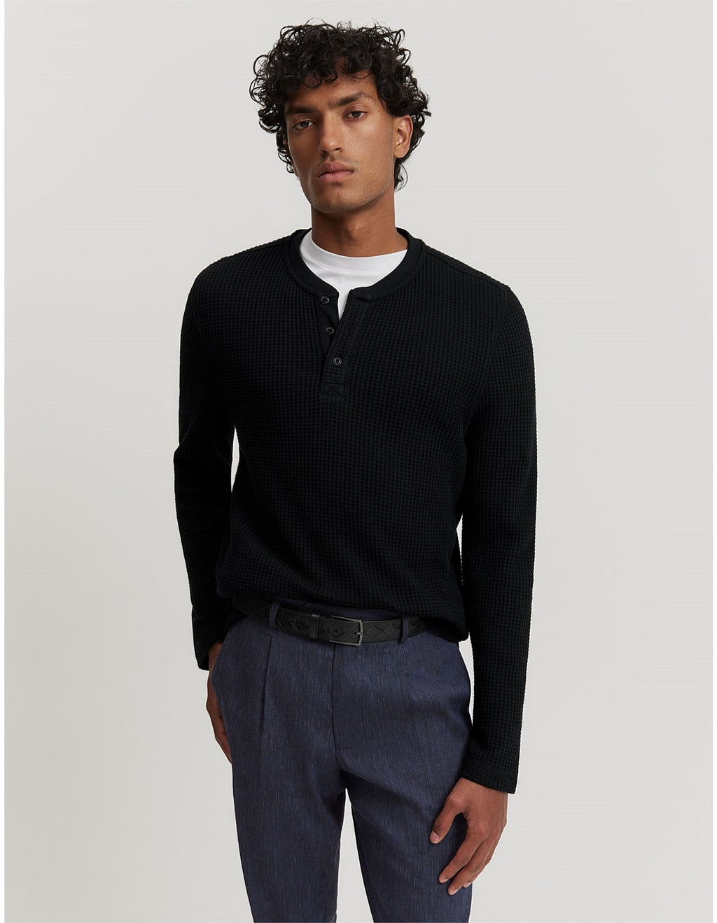 Heritage Waffle Henley | Black henley shirt, front view